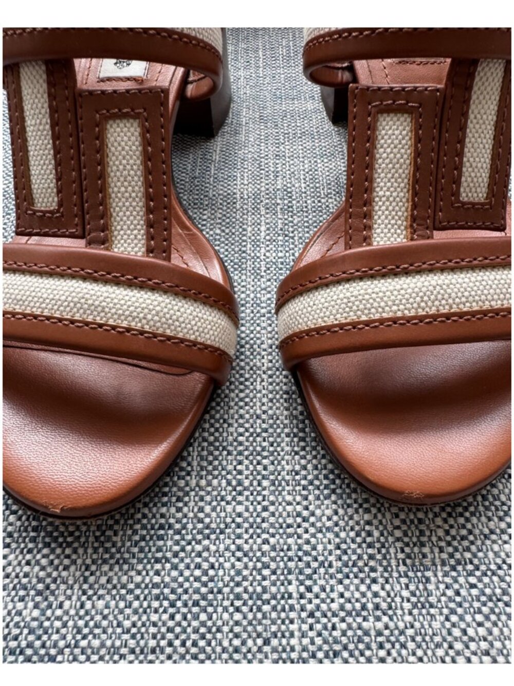 Tod's Double T Heeled Sandal | Brown Leather & Ivory White Canvas | Size 36 6 - Picture 4 of 10